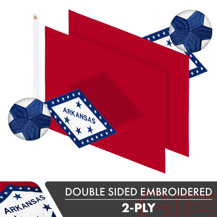 G128 2 Pack: Arkansas AR  | 3x5 Ft | Double ToughWeave Series Double Sided Embroidered 210D Polyester | Embroidered Design, Indoor/Outdoor, Brass Grommets, Heavy Duty, 2-ply