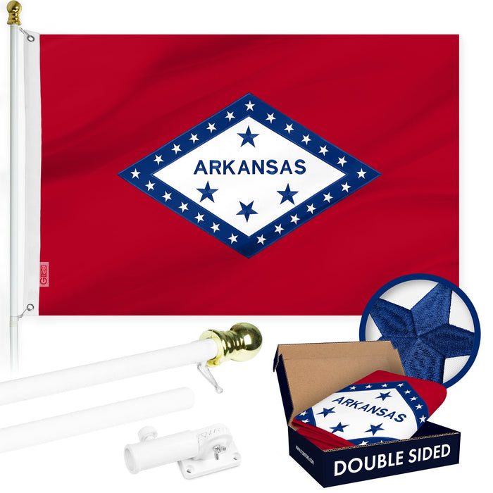 G128 Combo Pack: 6 Ft Tangle Free Aluminum Spinning Flagpole (White) & Arkansas AR  3x5 Ft, Double ToughWeave Series Double Sided Embroidered 210D Polyester | Pole with Flag Included