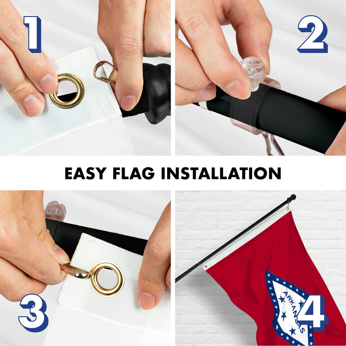 G128 Combo Pack: 6 Ft Tangle Free Aluminum Spinning Flagpole (Black) & Arkansas AR  3x5 Ft, Double ToughWeave Series Double Sided Embroidered 210D Polyester | Pole with Flag Included