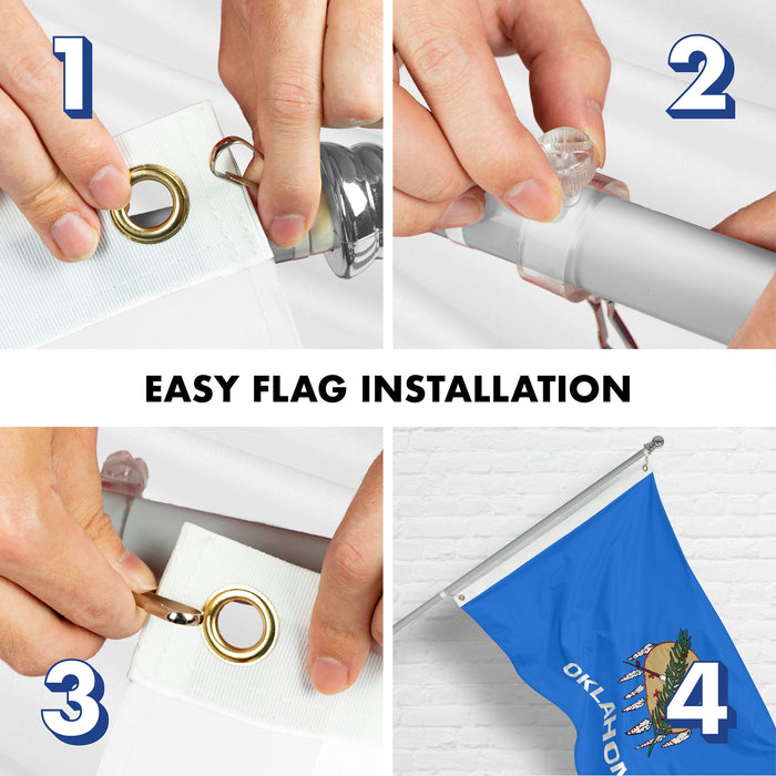 G128 Combo Pack: 6 Ft Tangle Free Aluminum Spinning Flagpole (Silver) & Oklahoma OK  3x5 Ft, Double ToughWeave Series Double Sided Embroidered 210D Polyester | Pole with Flag Included