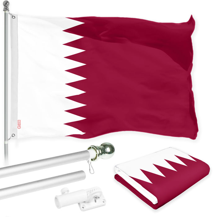 G128 Combo Pack: 6 Ft Tangle Free Spinning Flagpole (Silver) & Qatar Flag 3x5 Ft Printed 150D Polyester, Brass Grommets (Flag Included) Aluminum Flag Pole