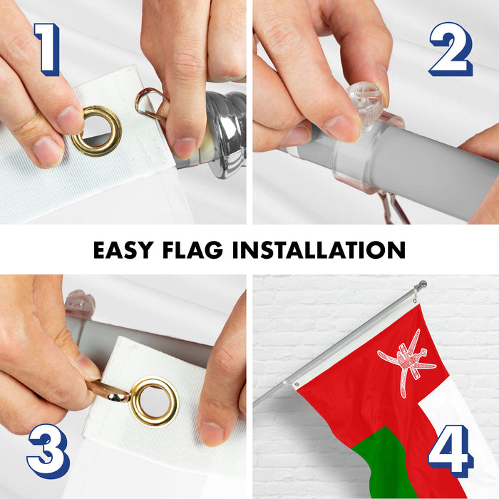 G128 Combo Pack: 6 Ft Tangle Free Spinning Flagpole (Silver) & Oman Flag 3x5 Ft Printed 150D Polyester, Brass Grommets (Flag Included) Aluminum Flag Pole