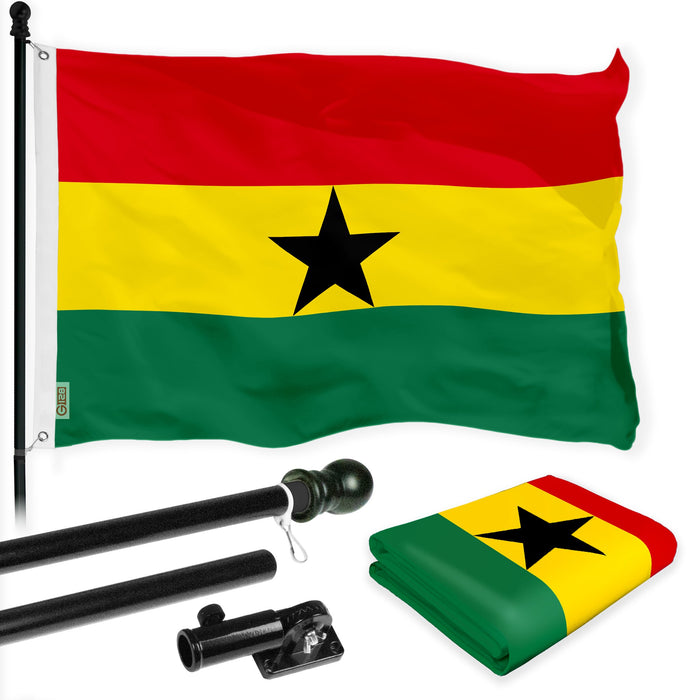 G128 Combo Pack: 6 Ft Tangle Free Spinning Flagpole (Black) & Ghana Flag 3x5 Ft Printed 150D Polyester, Brass Grommets (Flag Included) Aluminum Flag Pole