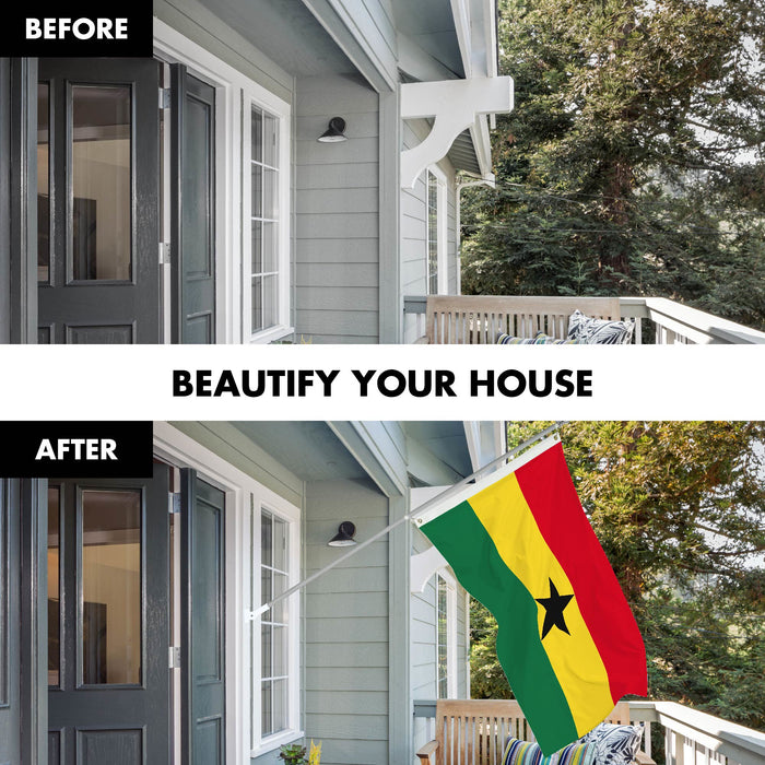 G128 Combo Pack: 6 Ft Tangle Free Spinning Flagpole (Silver) & Ghana Flag 3x5 Ft Printed 150D Polyester, Brass Grommets (Flag Included) Aluminum Flag Pole