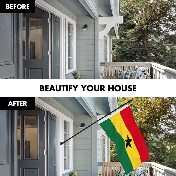 G128 Combo Pack: 6 Ft Tangle Free Spinning Flagpole (Black) & Ghana Flag 3x5 Ft Printed 150D Polyester, Brass Grommets (Flag Included) Aluminum Flag Pole