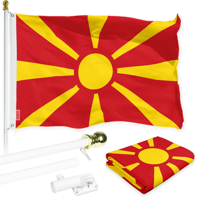 G128 Combo Pack: 6 Ft Tangle Free Spinning Flagpole (White) & Macedonia Flag 3x5 Ft Printed 150D Polyester, Brass Grommets (Flag Included) Aluminum Flag Pole