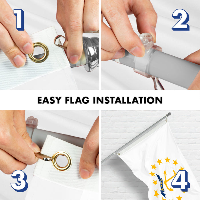G128 Combo Pack: 6 Ft Tangle Free Spinning Flagpole (Silver) & Rhode Island Flag 3x5 Ft Printed 150D Polyester, Brass Grommets (Flag Included) Aluminum Flag Pole