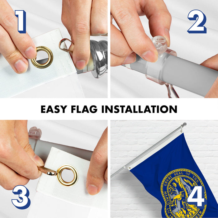 G128 Combo Pack: 6 Ft Tangle Free Spinning Flagpole (Silver) & Nebraska Flag 3x5 Ft Printed 150D Polyester, Brass Grommets (Flag Included) Aluminum Flag Pole
