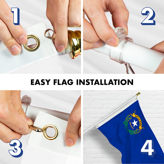 G128 Combo Pack: 6 Ft Tangle Free Spinning Flagpole (White) & Nevada Flag 3x5 Ft Printed 150D Polyester, Brass Grommets (Flag Included) Aluminum Flag Pole