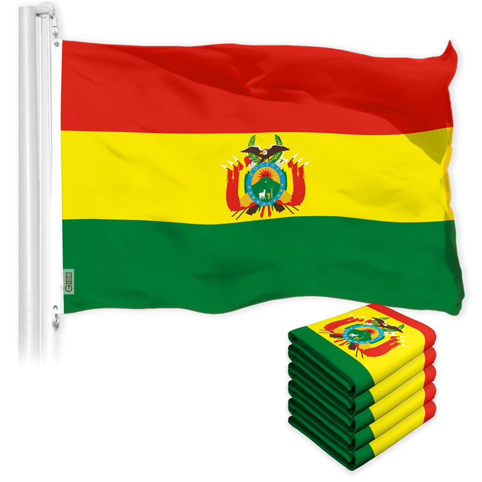 G128 5 Pack: Bolivia Flag | 3x5 Ft | LiteWeave Pro Series Printed 150D Polyester | Country Flag, Indoor/Outdoor, Vibrant Colors, Brass Grommets, Thicker and More Durable Than 100D 75D Polyester