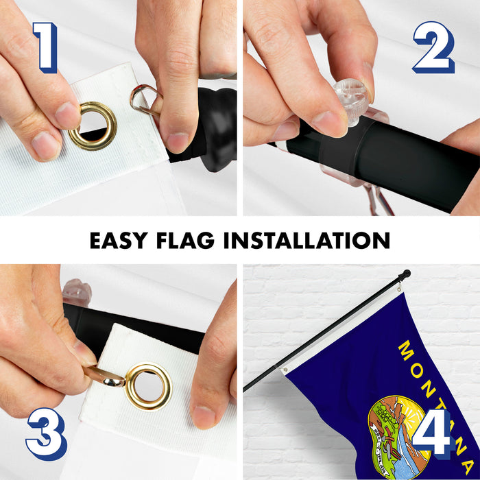 G128 Combo Pack: 6 Ft Tangle Free Spinning Flagpole (Black) & Montana Flag 3x5 Ft Printed 150D Polyester, Brass Grommets (Flag Included) Aluminum Flag Pole