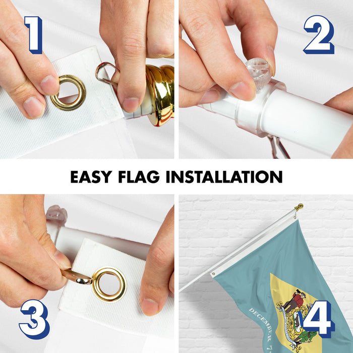 G128 Combo Pack: 6 Ft Tangle Free Spinning Flagpole (White) & Delaware Flag 3x5 Ft Printed 300D Polyester, Brass Grommets (Flag Included) Aluminum Flag Pole