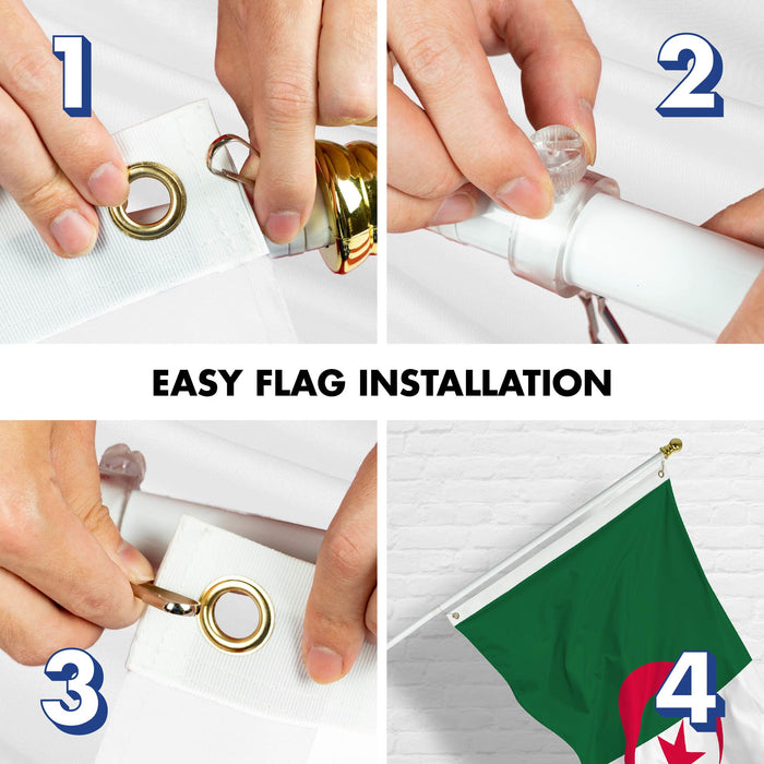 G128 Combo Pack: 6 Ft Tangle Free Spinning Flagpole (White) & Algeria Flag 3x5 Ft Printed 150D Polyester, Brass Grommets (Flag Included) Aluminum Flag Pole