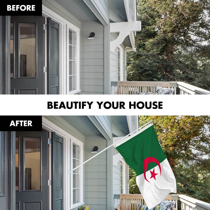 G128 Combo Pack: 6 Ft Tangle Free Spinning Flagpole (White) & Algeria Flag 3x5 Ft Printed 150D Polyester, Brass Grommets (Flag Included) Aluminum Flag Pole