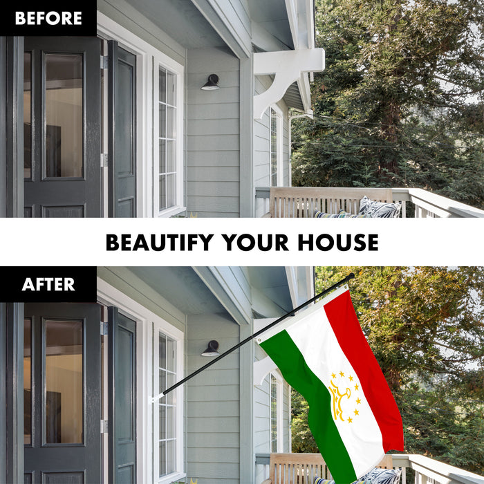 G128 Combo Pack: 6 Ft Tangle Free Spinning Flagpole (Black) & Tajikistan Flag 3x5 Ft Printed 150D Polyester, Brass Grommets (Flag Included) Aluminum Flag Pole
