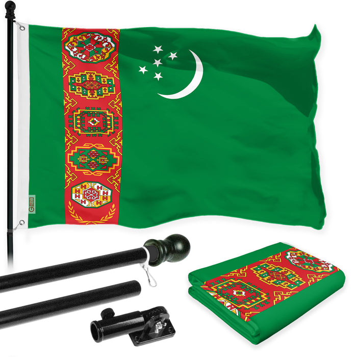 G128 Combo Pack: 6 Ft Tangle Free Spinning Flagpole (Black) & Turkmenistan Flag 3x5 Ft Printed 150D Polyester, Brass Grommets (Flag Included) Aluminum Flag Pole