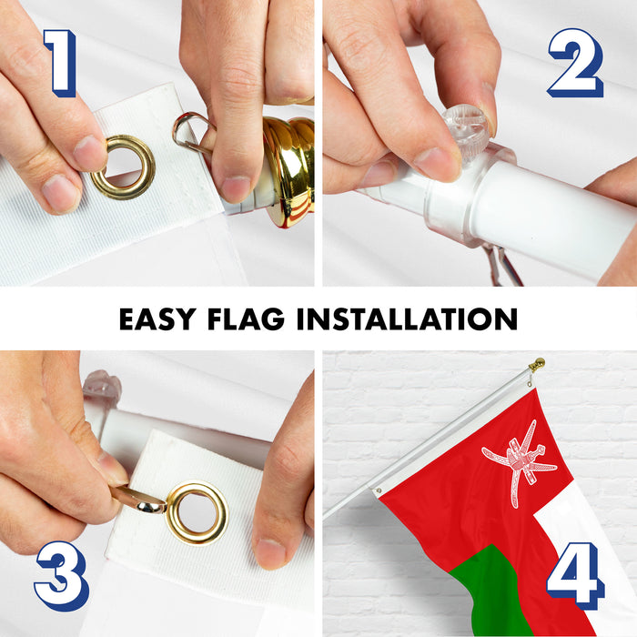G128 Combo Pack: 6 Ft Tangle Free Spinning Flagpole (White) & Oman Flag 3x5 Ft Printed 150D Polyester, Brass Grommets (Flag Included) Aluminum Flag Pole