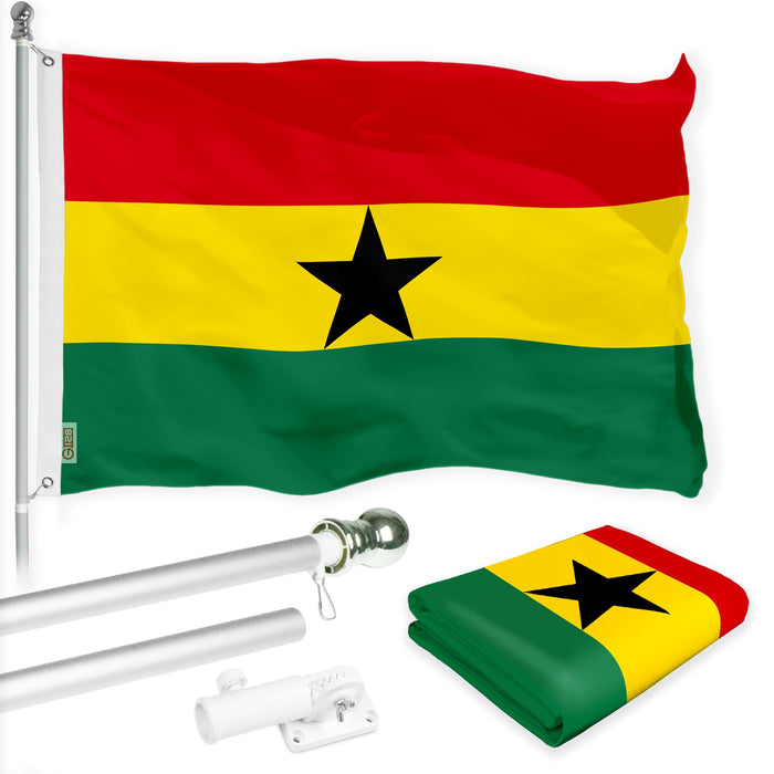 G128 Combo Pack: 6 Ft Tangle Free Spinning Flagpole (Silver) & Ghana Flag 3x5 Ft Printed 150D Polyester, Brass Grommets (Flag Included) Aluminum Flag Pole