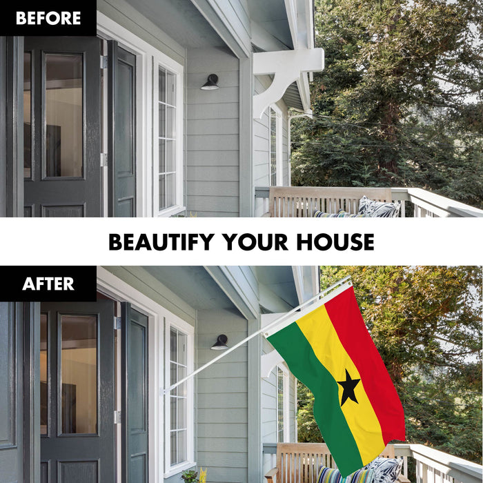 G128 Combo Pack: 6 Ft Tangle Free Spinning Flagpole (White) & Ghana Flag 3x5 Ft Printed 150D Polyester, Brass Grommets (Flag Included) Aluminum Flag Pole