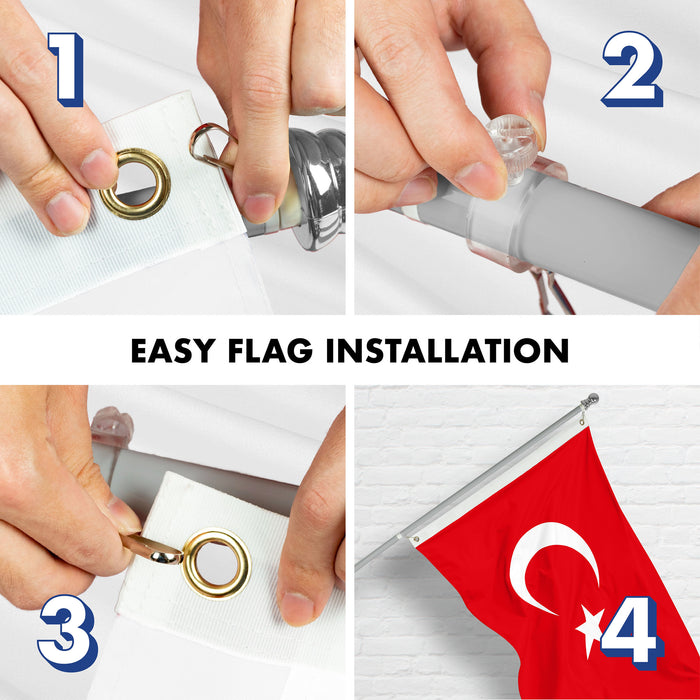 G128 Combo Pack: 6 Ft Tangle Free Spinning Flagpole (Silver) & Turkey Flag 3x5 Ft Printed 150D Polyester, Brass Grommets (Flag Included) Aluminum Flag Pole