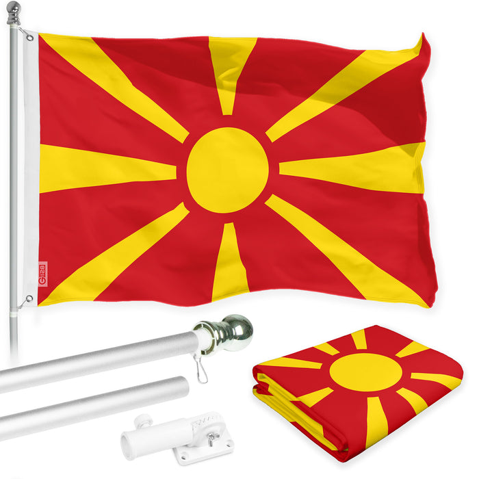 G128 Combo Pack: 6 Ft Tangle Free Spinning Flagpole (Silver) & Macedonia Flag 3x5 Ft Printed 150D Polyester, Brass Grommets (Flag Included) Aluminum Flag Pole