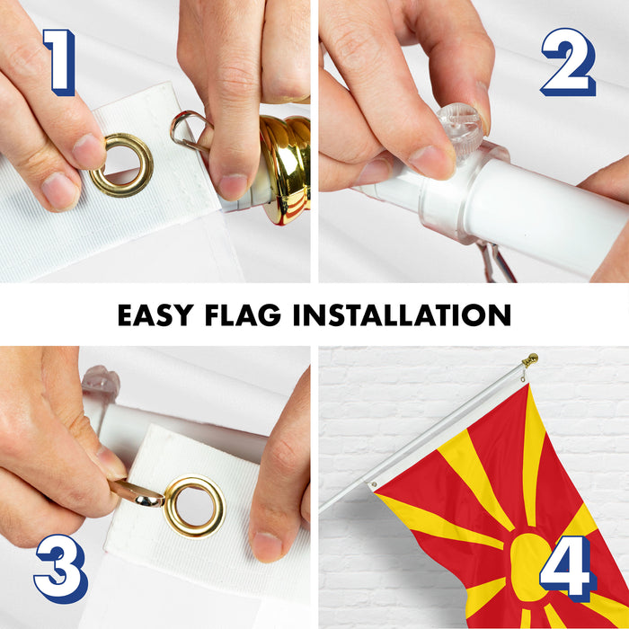 G128 Combo Pack: 6 Ft Tangle Free Spinning Flagpole (White) & Macedonia Flag 3x5 Ft Printed 150D Polyester, Brass Grommets (Flag Included) Aluminum Flag Pole