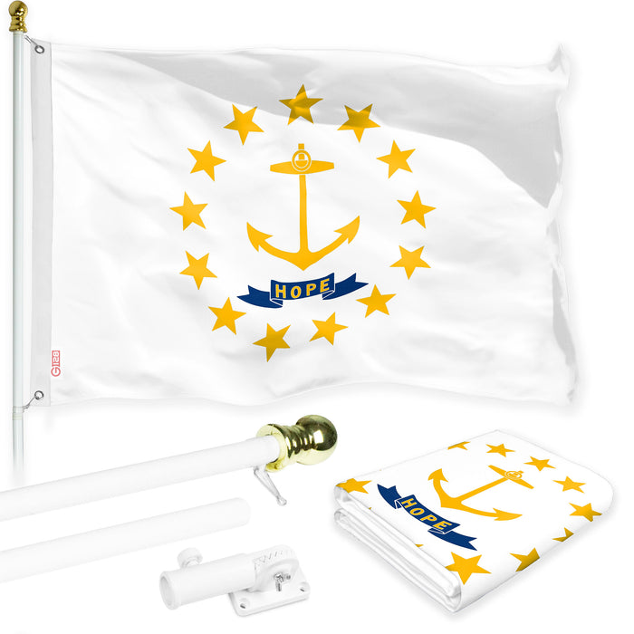 G128 Combo Pack: 6 Ft Tangle Free Spinning Flagpole (White) & Rhode Island Flag 3x5 Ft Printed 150D Polyester, Brass Grommets (Flag Included) Aluminum Flag Pole