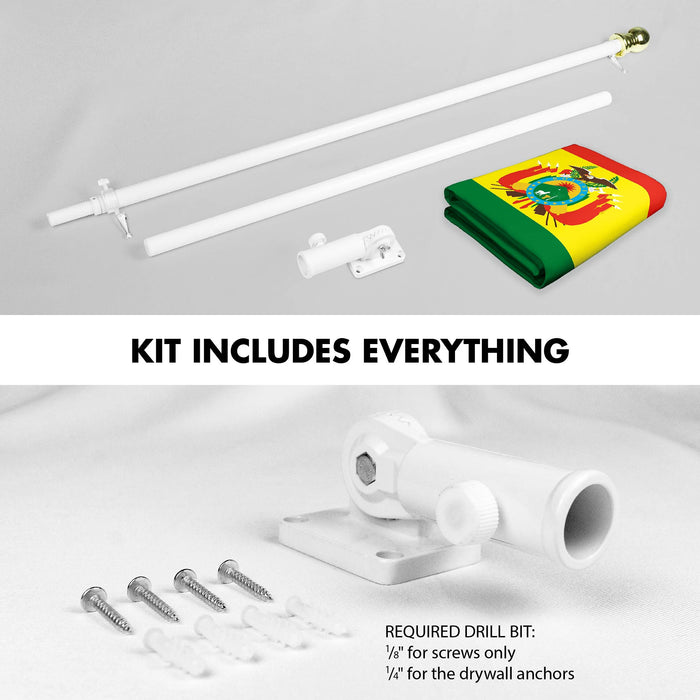 G128 Combo Pack: 6 Ft Tangle Free Spinning Flagpole (White) & Bolivia Flag 3x5 Ft Printed 150D Polyester, Brass Grommets (Flag Included) Aluminum Flag Pole