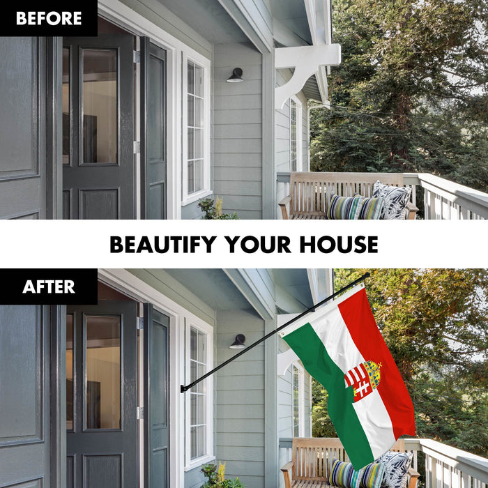 G128 Combo Pack: 6 Ft Tangle Free Spinning Flagpole (Black) & Hungary Coat of Arms Flag 3x5 Ft Printed 300D Polyester, Brass Grommets (Flag Included) Aluminum Flag Pole