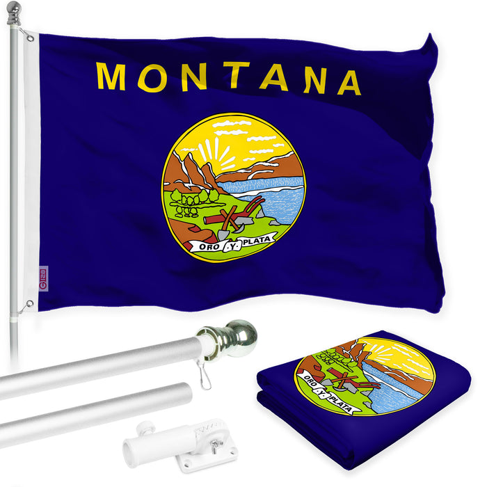 G128 Combo Pack: 6 Ft Tangle Free Spinning Flagpole (Silver) & Montana Flag 3x5 Ft Printed 150D Polyester, Brass Grommets (Flag Included) Aluminum Flag Pole