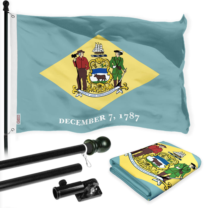 G128 Combo Pack: 6 Ft Tangle Free Spinning Flagpole (Black) & Delaware Flag 3x5 Ft Printed 300D Polyester, Brass Grommets (Flag Included) Aluminum Flag Pole