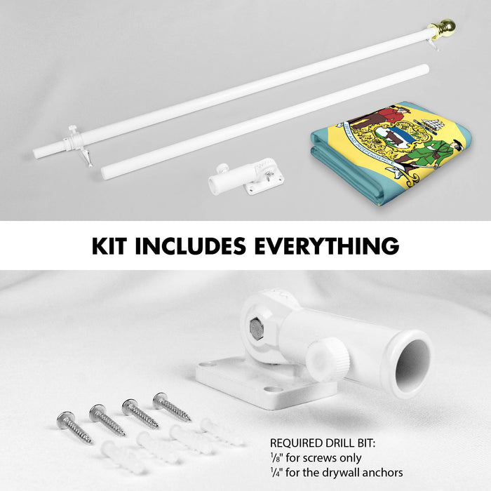 G128 Combo Pack: 6 Ft Tangle Free Spinning Flagpole (White) & Delaware Flag 3x5 Ft Printed 300D Polyester, Brass Grommets (Flag Included) Aluminum Flag Pole