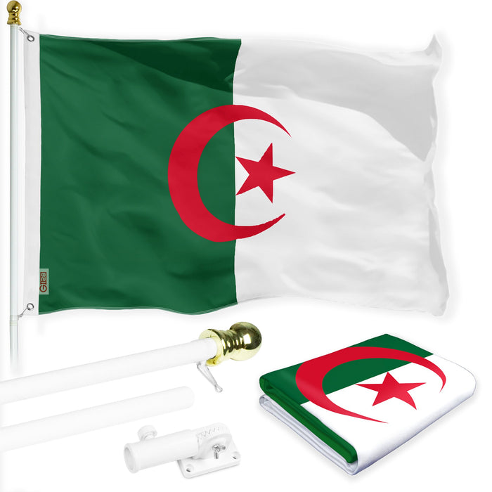 G128 Combo Pack: 6 Ft Tangle Free Spinning Flagpole (White) & Algeria Flag 3x5 Ft Printed 150D Polyester, Brass Grommets (Flag Included) Aluminum Flag Pole
