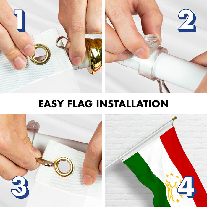 G128 Combo Pack: 6 Ft Tangle Free Spinning Flagpole (White) & Tajikistan Flag 3x5 Ft Printed 150D Polyester, Brass Grommets (Flag Included) Aluminum Flag Pole