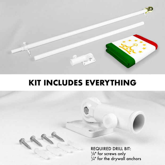 G128 Combo Pack: 6 Ft Tangle Free Spinning Flagpole (White) & Tajikistan Flag 3x5 Ft Printed 150D Polyester, Brass Grommets (Flag Included) Aluminum Flag Pole