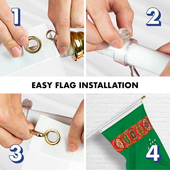G128 Combo Pack: 6 Ft Tangle Free Spinning Flagpole (White) & Turkmenistan Flag 3x5 Ft Printed 150D Polyester, Brass Grommets (Flag Included) Aluminum Flag Pole