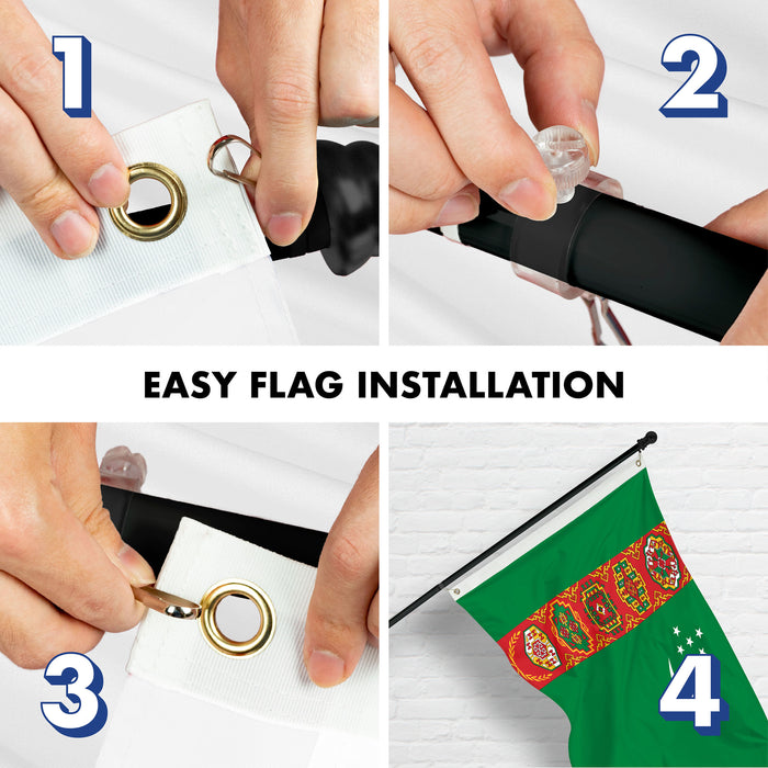 G128 Combo Pack: 6 Ft Tangle Free Spinning Flagpole (Black) & Turkmenistan Flag 3x5 Ft Printed 150D Polyester, Brass Grommets (Flag Included) Aluminum Flag Pole