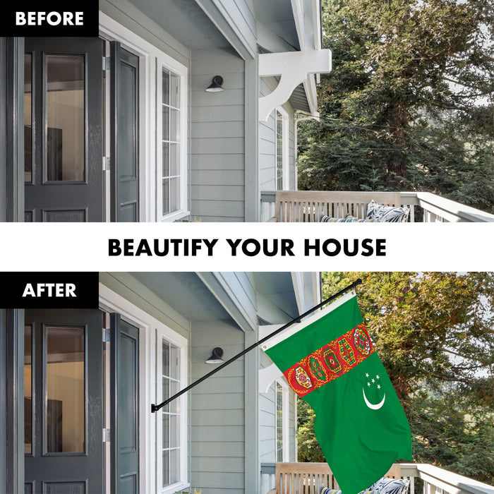 G128 Combo Pack: 6 Ft Tangle Free Spinning Flagpole (Black) & Turkmenistan Flag 3x5 Ft Printed 150D Polyester, Brass Grommets (Flag Included) Aluminum Flag Pole