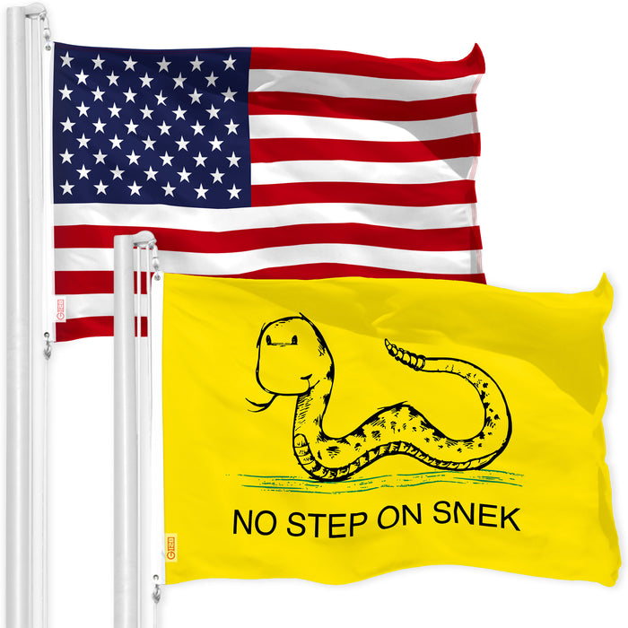 G128 Combo Pack: American USA Flag 3x5 Ft & No Step on Snek Cute Cartoon Flag 3x5 Ft, Both Printed 150D Polyester, Indoor/Outdoor, Brass Grommets