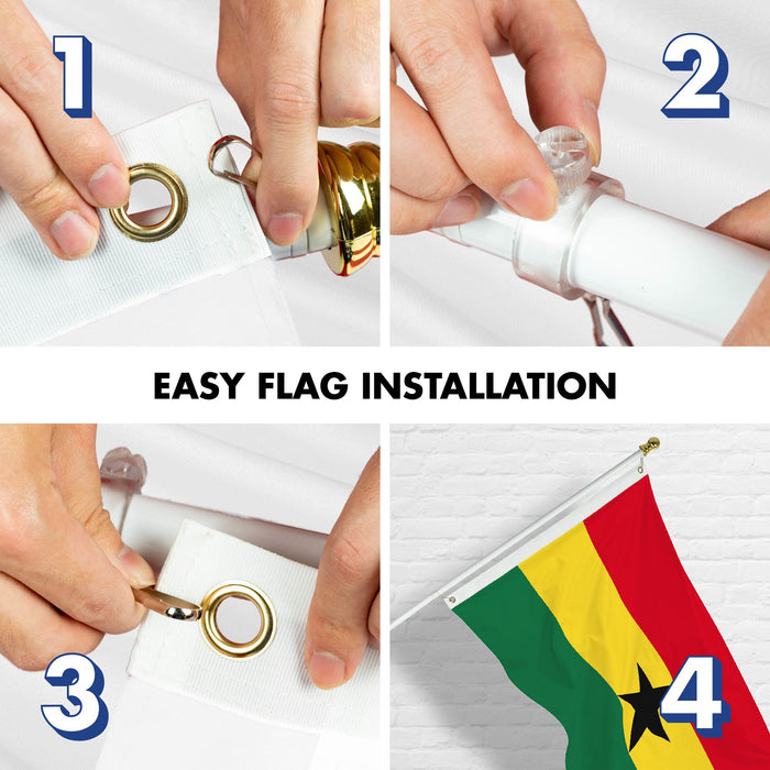 G128 Combo Pack: 6 Ft Tangle Free Spinning Flagpole (White) & Ghana Flag 3x5 Ft Printed 150D Polyester, Brass Grommets (Flag Included) Aluminum Flag Pole