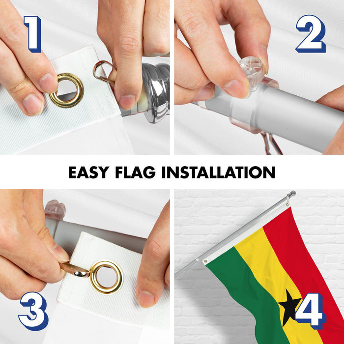 G128 Combo Pack: 6 Ft Tangle Free Spinning Flagpole (Silver) & Ghana Flag 3x5 Ft Printed 150D Polyester, Brass Grommets (Flag Included) Aluminum Flag Pole
