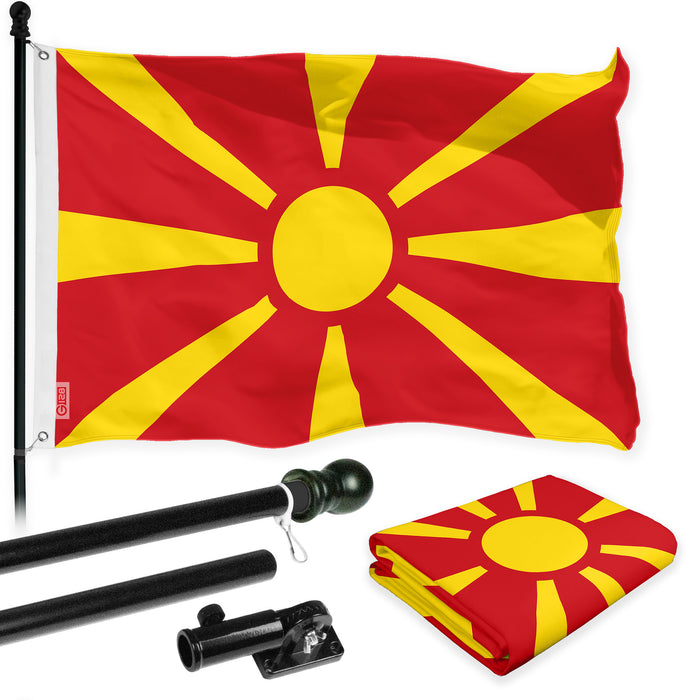 G128 Combo Pack: 6 Ft Tangle Free Spinning Flagpole (Black) & Macedonia Flag 3x5 Ft Printed 150D Polyester, Brass Grommets (Flag Included) Aluminum Flag Pole