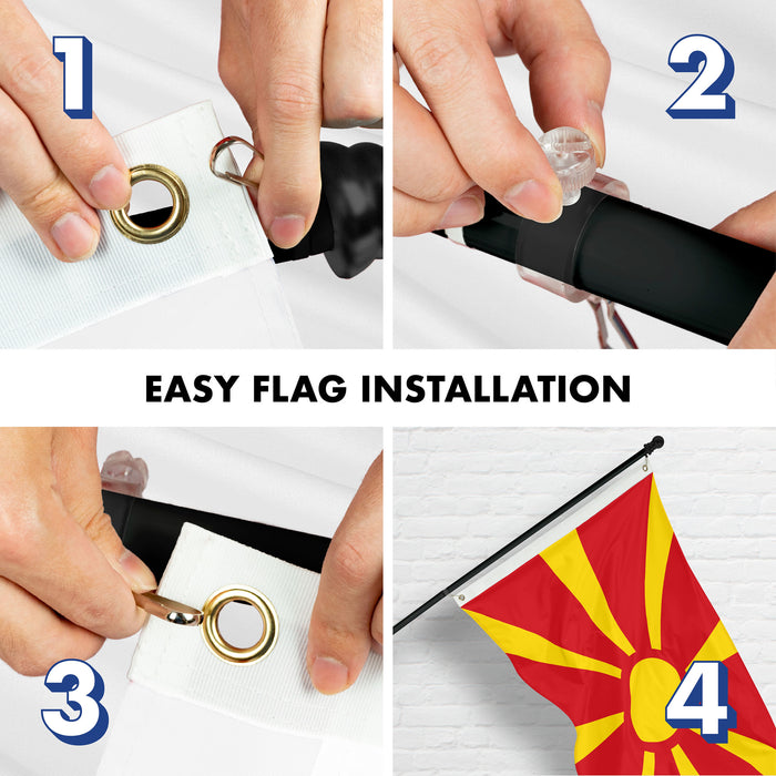G128 Combo Pack: 6 Ft Tangle Free Spinning Flagpole (Black) & Macedonia Flag 3x5 Ft Printed 150D Polyester, Brass Grommets (Flag Included) Aluminum Flag Pole