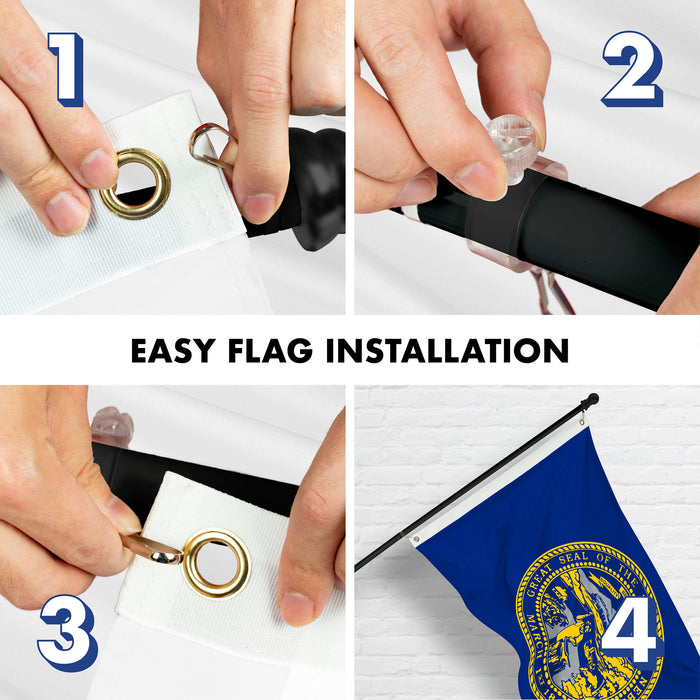 G128 Combo Pack: 6 Ft Tangle Free Spinning Flagpole (Black) & Nebraska Flag 3x5 Ft Printed 150D Polyester, Brass Grommets (Flag Included) Aluminum Flag Pole