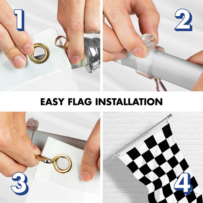 G128 Combo Pack: 6 Ft Tangle Free Spinning Flagpole (Silver) & Checkered Flag Flag 3x5 Ft Printed 150D Polyester, Brass Grommets (Flag Included) Aluminum Flag Pole