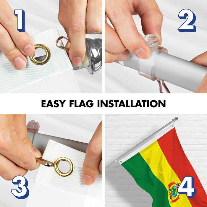 G128 Combo Pack: 6 Ft Tangle Free Spinning Flagpole (Silver) & Bolivia Flag 3x5 Ft Printed 150D Polyester, Brass Grommets (Flag Included) Aluminum Flag Pole
