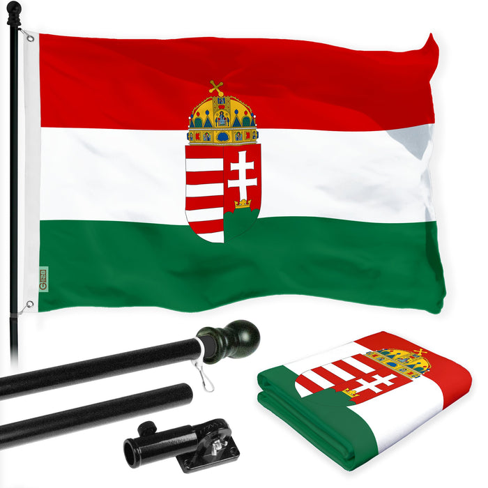 G128 Combo Pack: 6 Ft Tangle Free Spinning Flagpole (Black) & Hungary Coat of Arms Flag 3x5 Ft Printed 300D Polyester, Brass Grommets (Flag Included) Aluminum Flag Pole