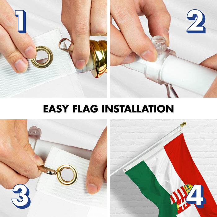 G128 Combo Pack: 6 Ft Tangle Free Spinning Flagpole (White) & Hungary Coat of Arms Flag 3x5 Ft Printed 300D Polyester, Brass Grommets (Flag Included) Aluminum Flag Pole