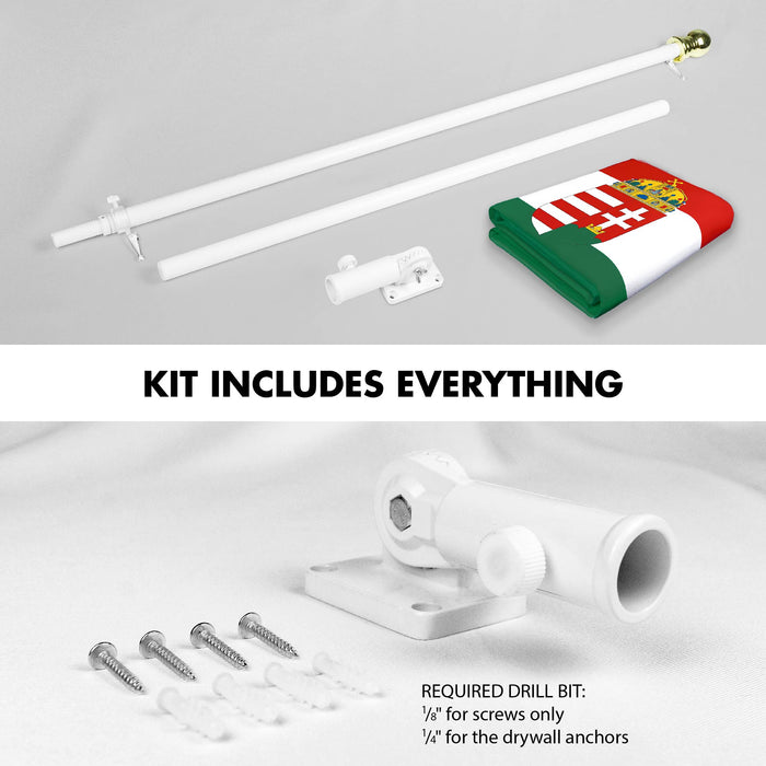 G128 Combo Pack: 6 Ft Tangle Free Spinning Flagpole (White) & Hungary Coat of Arms Flag 3x5 Ft Printed 300D Polyester, Brass Grommets (Flag Included) Aluminum Flag Pole
