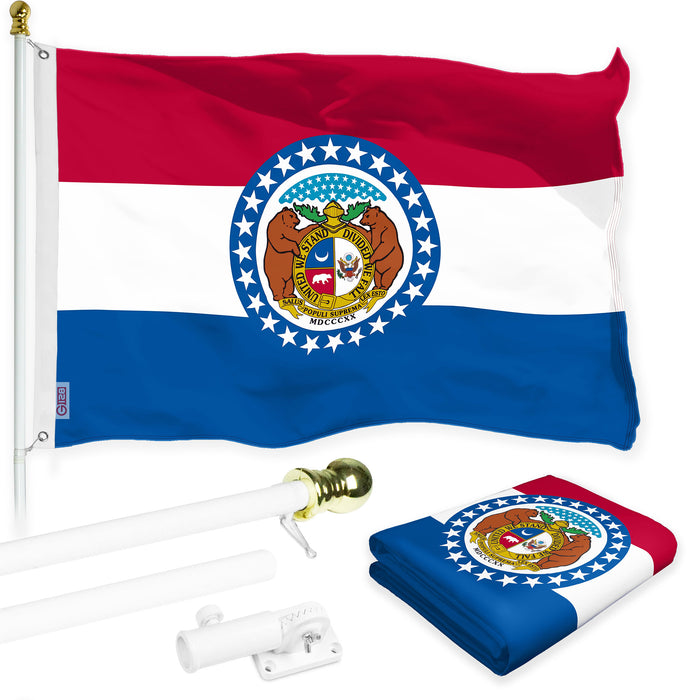 G128 Combo Pack: 6 Ft Tangle Free Spinning Flagpole (White) & Missouri Flag 3x5 Ft Printed 150D Polyester, Brass Grommets (Flag Included) Aluminum Flag Pole